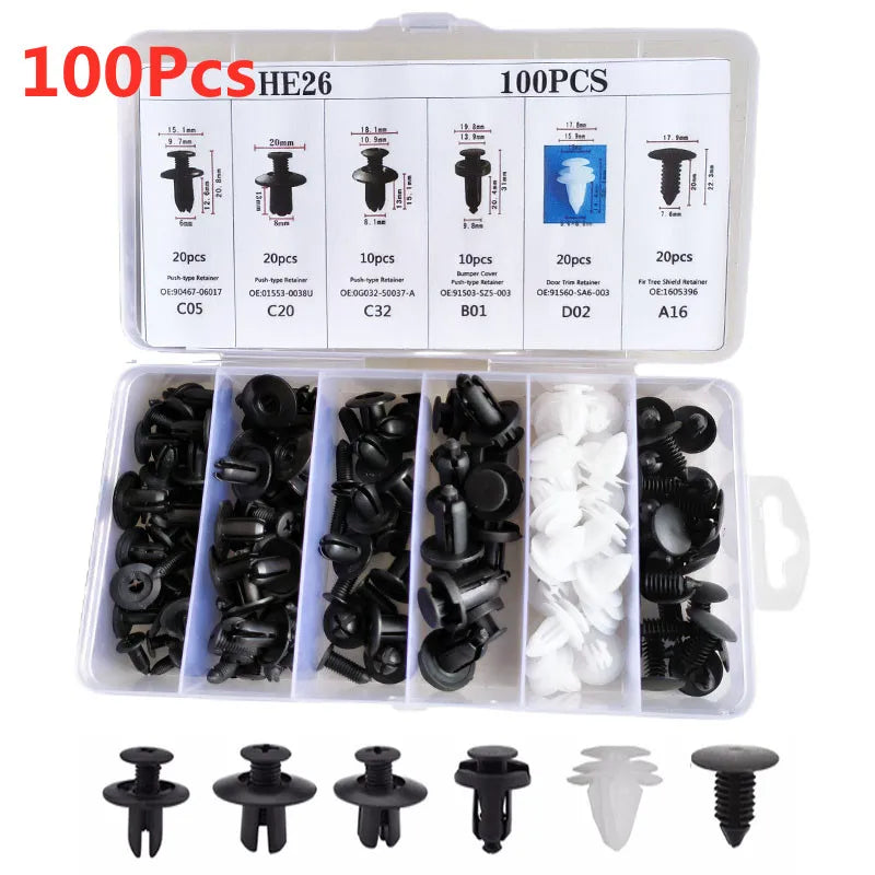 100Pcs Auto Fastener Clip Mixed Car Body Push Retainer Pin Rivet Bumper Door Trim Panel Fastener Kit Car Clips Box or Bag Packag