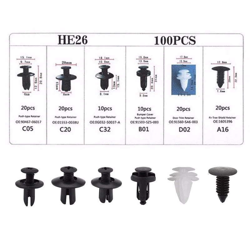 100Pcs Auto Fastener Clip Mixed Car Body Push Retainer Pin Rivet Bumper Door Trim Panel Fastener Kit Car Clips Box or Bag Packag