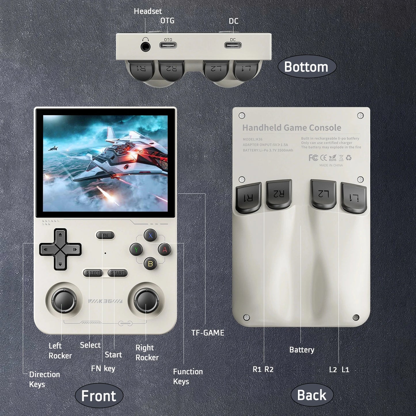K36 Retro Handheld Video Game Console Linux System 3.5-inch IPS Screen Portable Handheld Video Player Suitable for PS1/PSP/N64