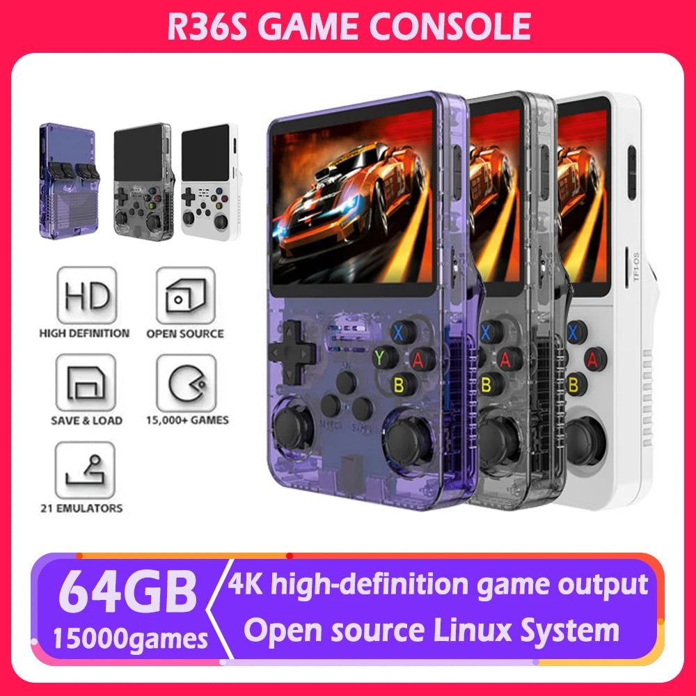 R36S 128G Retro Handheld Game Console Linux System 3.5Inch IPS Screen Portable Pocket Video Player 2 Joystick 64G Kid Gift